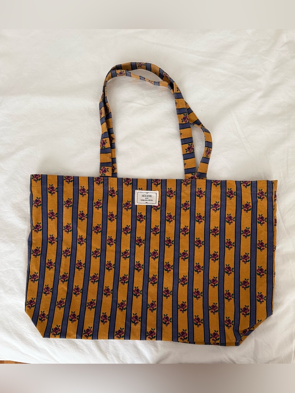 Sézane Mustard and Navy Striped Floral Tote